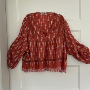 American Eagle Light rust colored Bohemian Blouse with Lace Trim 100% cotton XL